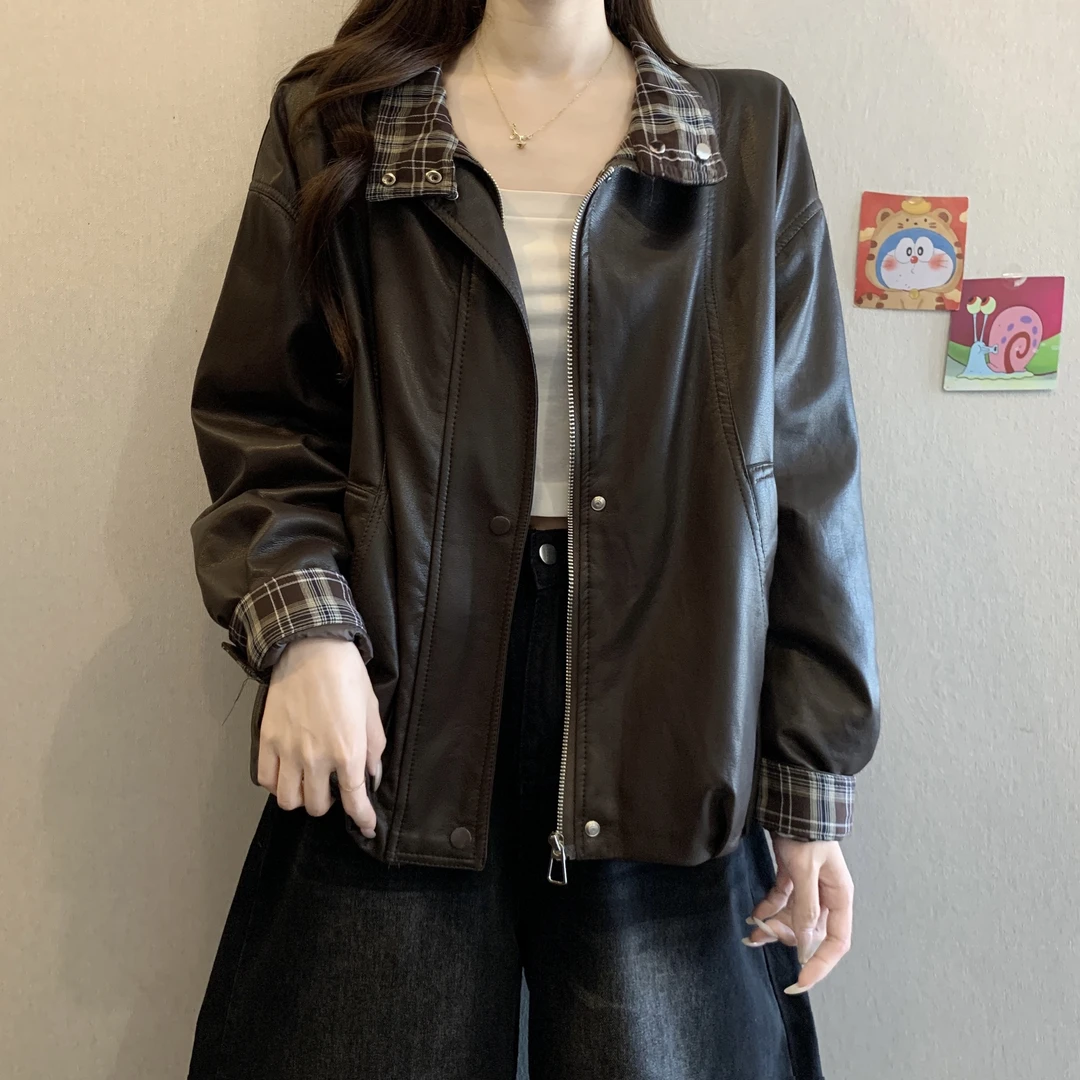 港风复古加厚保暖皮衣外套女冬季2025新款大码胖mm宽松夹克衫上衣