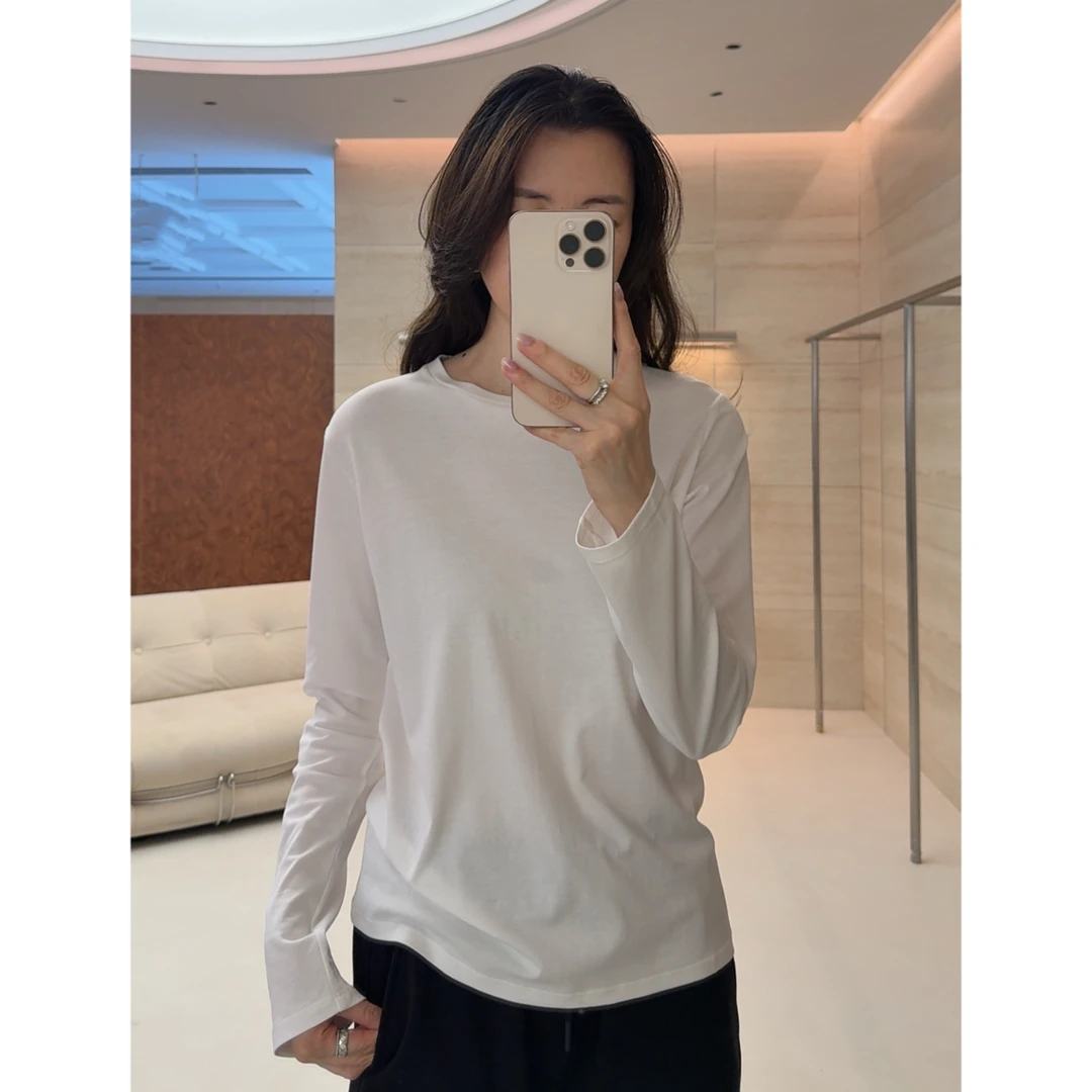 瑞瑞ANNYRUI | 高品质长绒棉无侧缝亲肤Q弹感小圆领长袖白色T恤