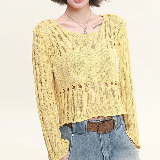 春季宽松型夏季镂空长袖毛针织衫修身百搭女装上衣