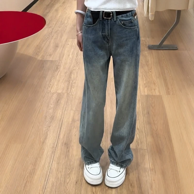 大码女装复古百搭直筒牛仔裤女秋冬爆款流行加绒显瘦窄版阔腿裤子