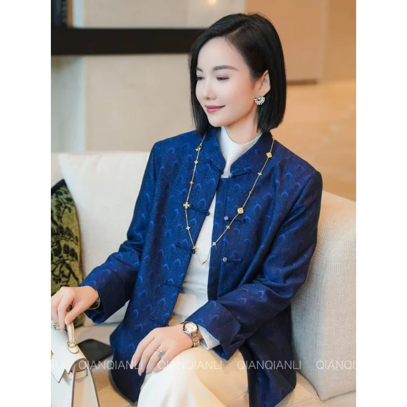 QIAN【上久楷·孔雀翎羽·蓝调通勤】小香风真丝羊毛通勤外套棉袄
