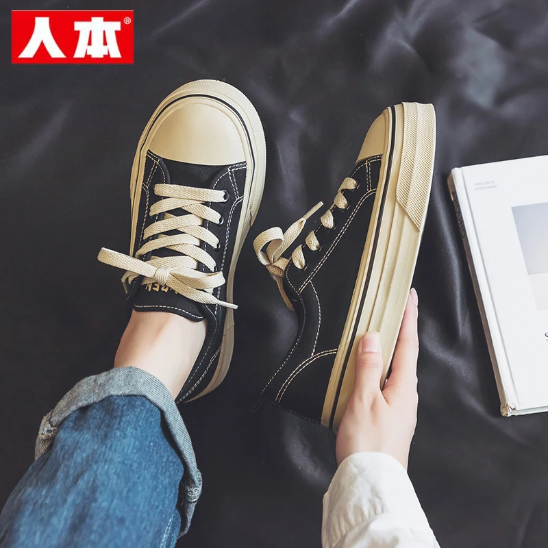 人本黑色帆布鞋女2025秋季新款爆款厚底透气休闲运动板鞋学生球鞋