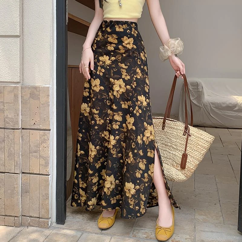 优雅印花半身裙夏季复古气质花朵垂感显瘦松紧侧开叉字包臀长裙
