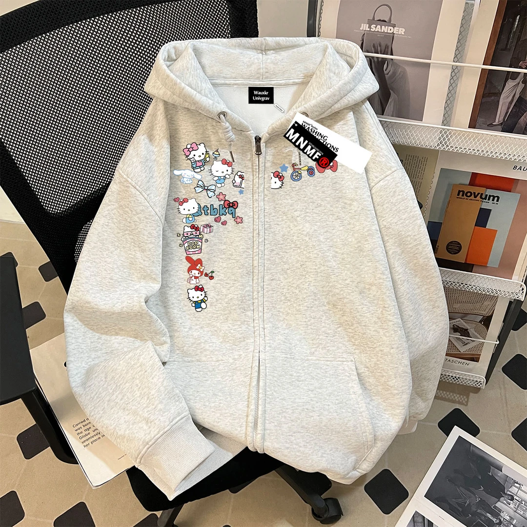 新款男女童加绒加厚拉链连帽卫衣可爱凯蒂猫印花休闲中学生上衣服