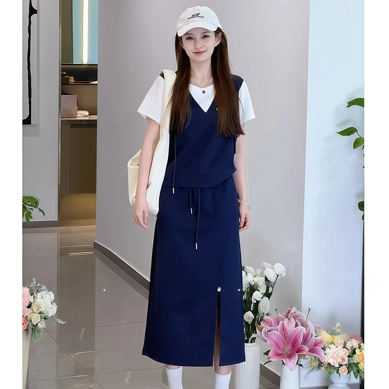 休闲简约套装女2025年夏季新款洋气假两件连帽上衣半身裙两件套