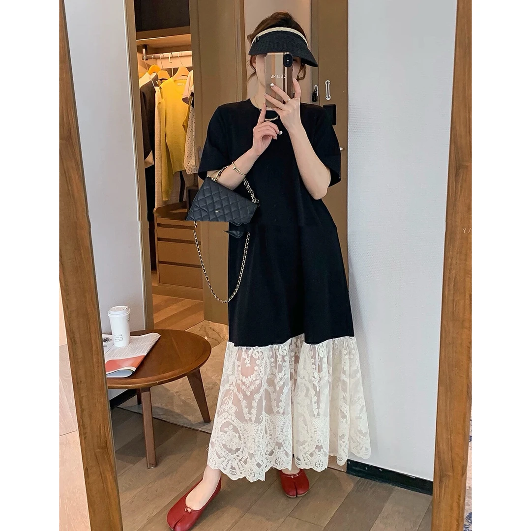 2025夏季新款法式慵懒风简约休闲圆领短䄂蕾丝拼接连衣裙A1293