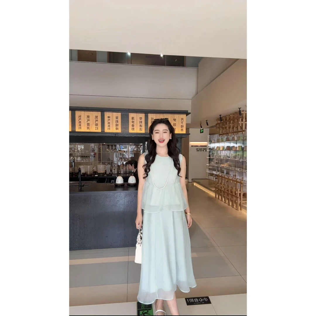 2025新款气质温柔蓝色无袖上衣半身裙两件套JS-88728