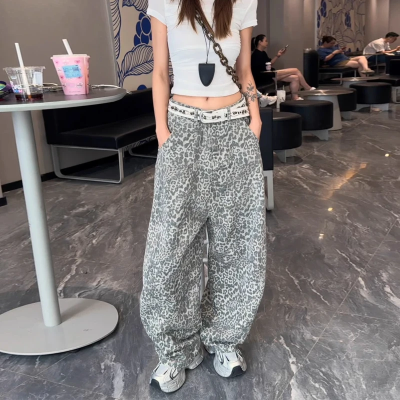 2025秋季新款美式复古豹纹弯刀裤女辣妹廓形宽松做旧拖地牛仔裤子
