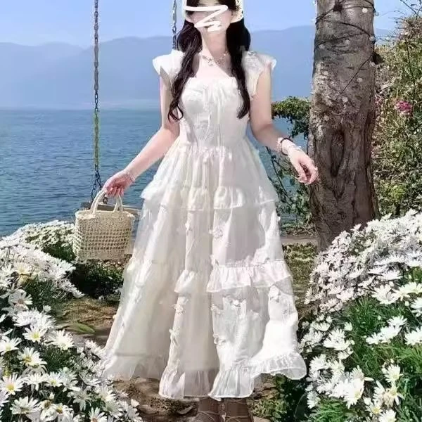 白月光初恋甜美温柔风连衣裙夏季新款立体蝴蝶小众法式收腰长裙子