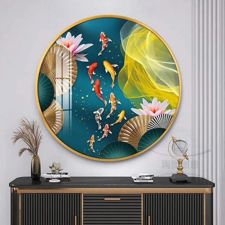 新中式圆形玄关装饰画九鱼图墙画五福临门福禄招财寓意好餐厅壁画