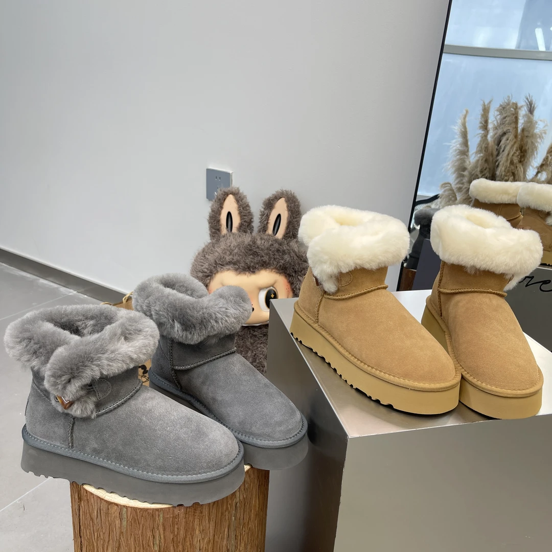 棕色加绒雪地靴2025冬季新款外翻增高保暖牛角扣厚底防滑短筒棉靴