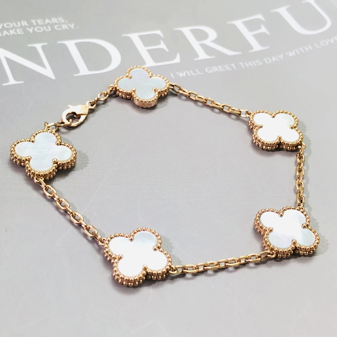 【高版】18K玫瑰金白贝母五花手链15mm 高档精美美丽