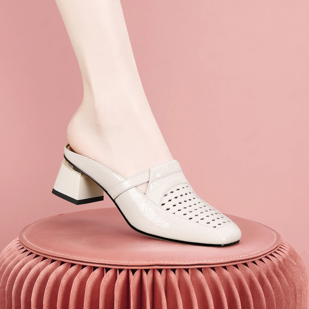 梵芮诗尖头2025新款春夏网孔时尚优雅粗跟低跟女凉拖鞋-J1397