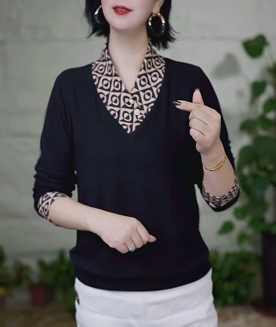 2025秋冬新款半高领加厚双面绒打底衫时尚减龄宽松拼接款长袖上衣