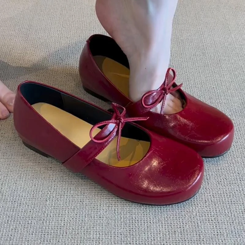 博主推荐！红色玛丽珍鞋女法式绝美蝴蝶结一字带圆头浅口内增高单