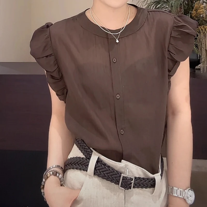 小众气质显瘦设计感褶皱花边袖衬衫夏季新款时尚简约单排扣上衣女
