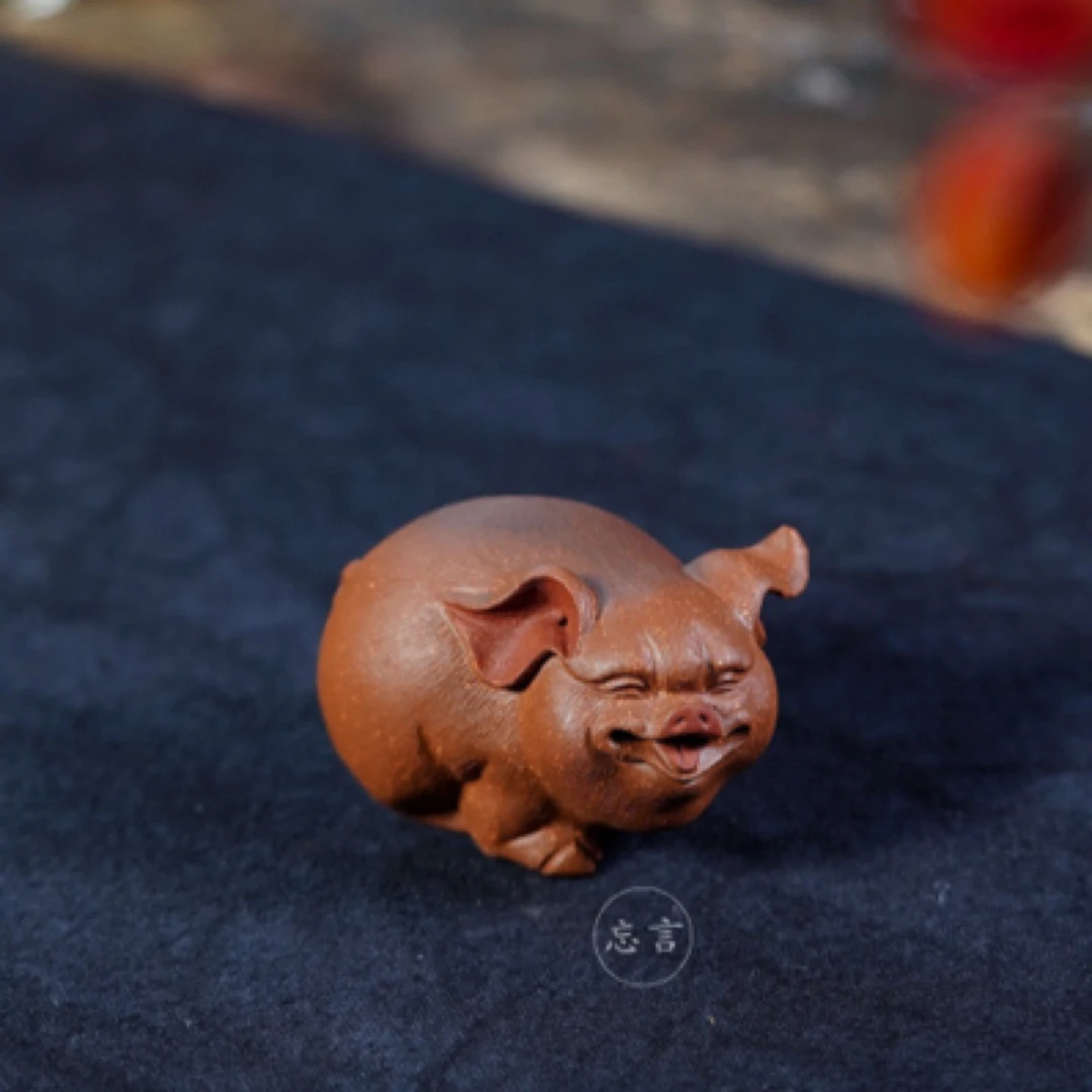 宜兴紫砂茶宠福猪茶宠雕塑手工拉毛福猪可爱讨喜可养茶玩趣味十足