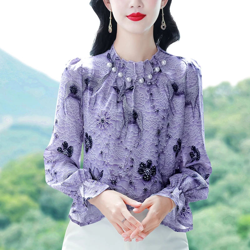 新款轻奢立领时尚设计感衬衫2025雪纺印花春秋百搭女士上衣潮604