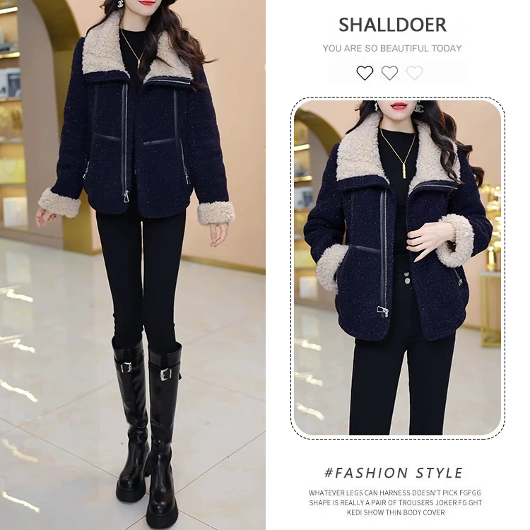 2025时尚藏蓝拼接外套黑色紧身裤羊羔毛领设计秋冬街头风显瘦套装