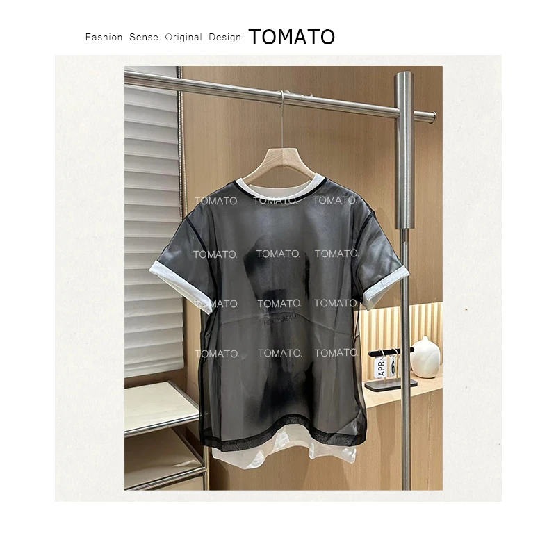 【TomoTo】欧莎 夏季新款韩系上衣宽松百搭圆领真两件短袖C25T06052