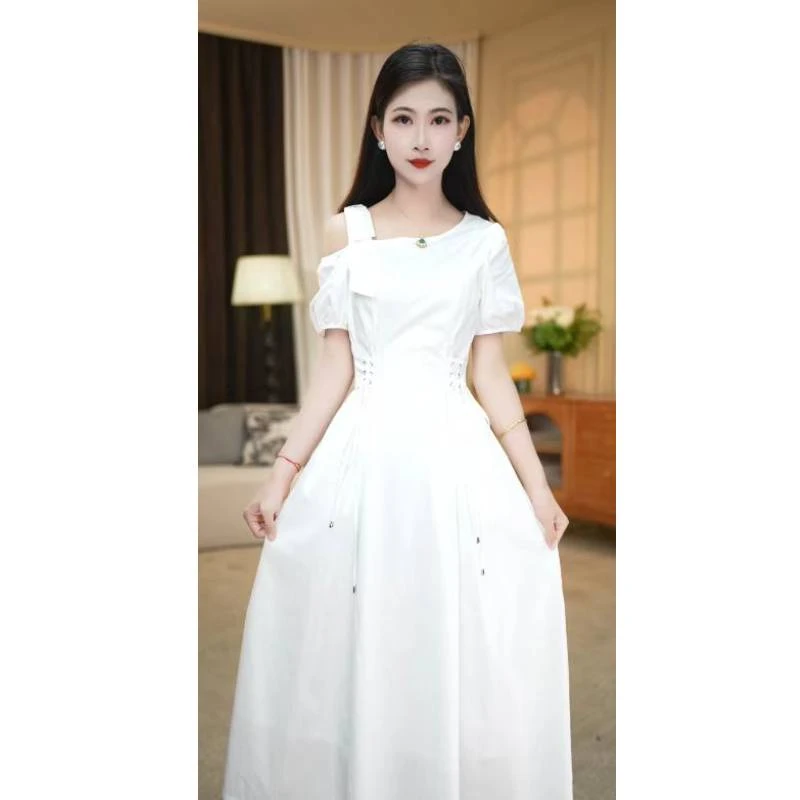 【连衣裙】夏季新款斜领时尚气质修身纯色优雅法式中长款连衣裙