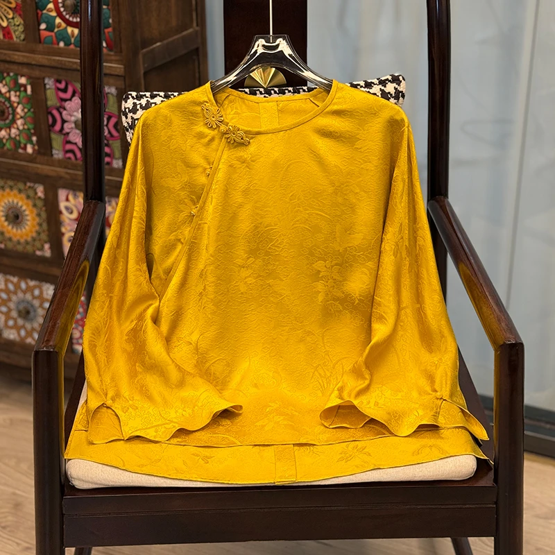 【丝羽】新中式百分百桑蚕丝提花上衣国风上久楷手工盘扣圆领斜襟女