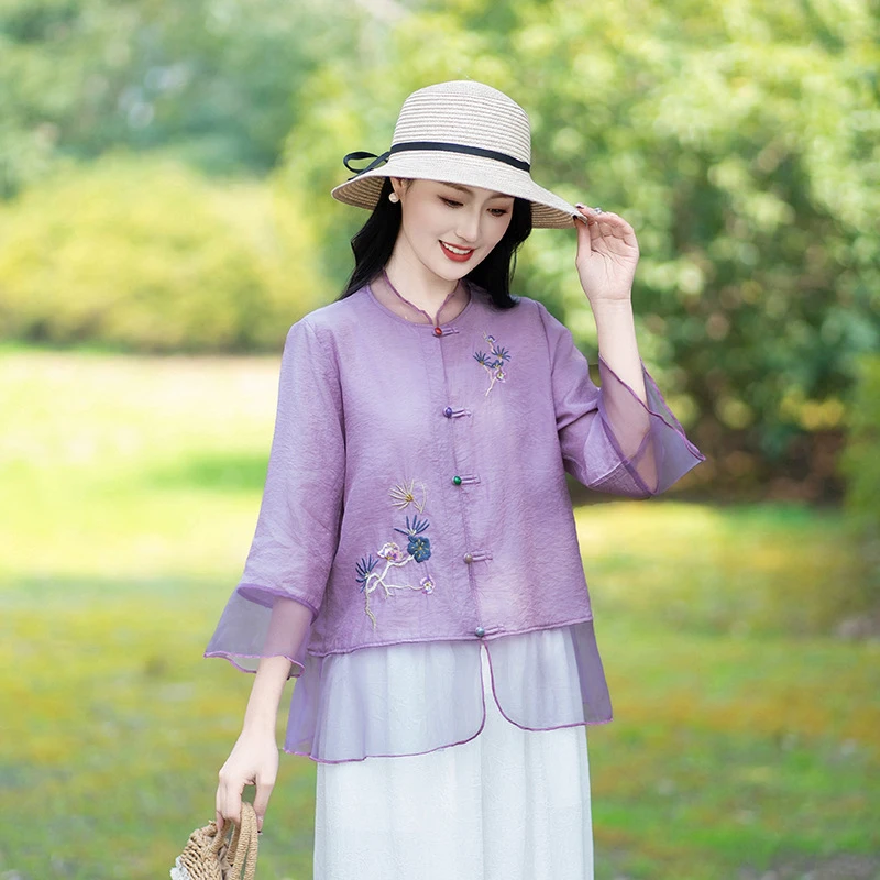 国风刺绣仿棉麻衬衫七分袖女夏季装新款中式盘扣亚麻小衫苎麻上衣