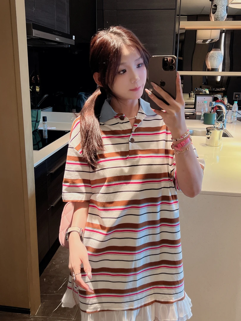 xxxwxz王希之 撞色POLO领宽松百搭条纹连衣裙#z2114