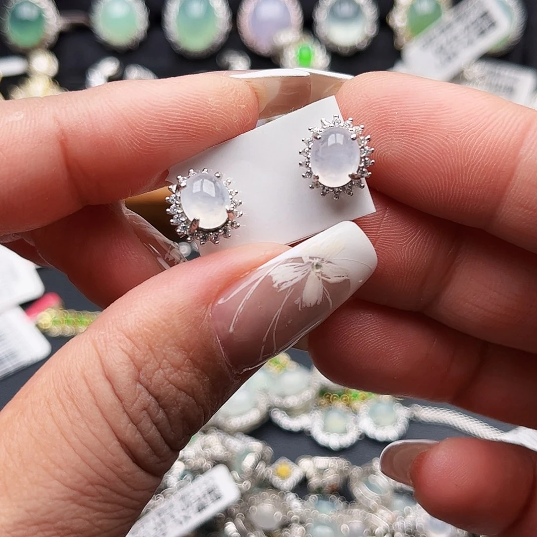 翡翠银S925镶嵌戒指缅甸天然A货翡翠耳钉