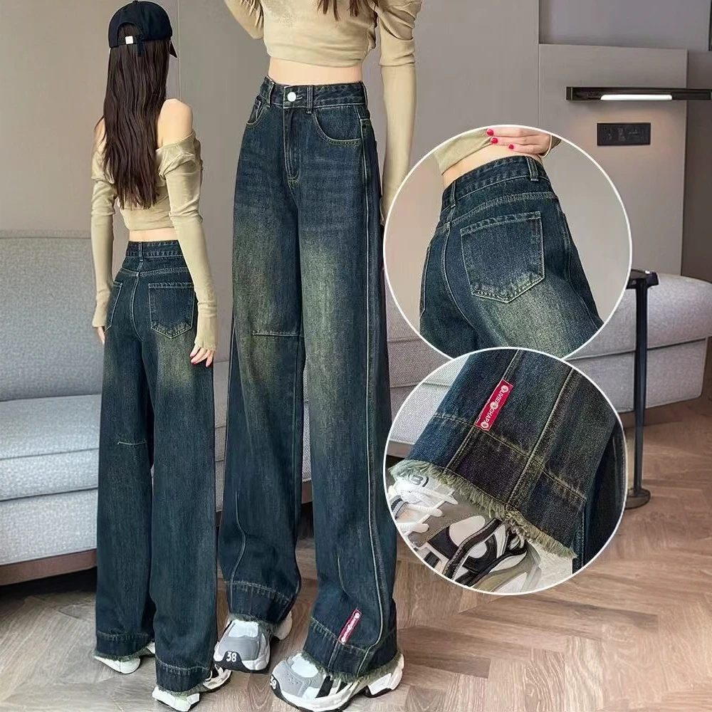 大码牛仔裤女2025年春秋爆款梨型身材胖mm收胯流苏直筒拖地裤