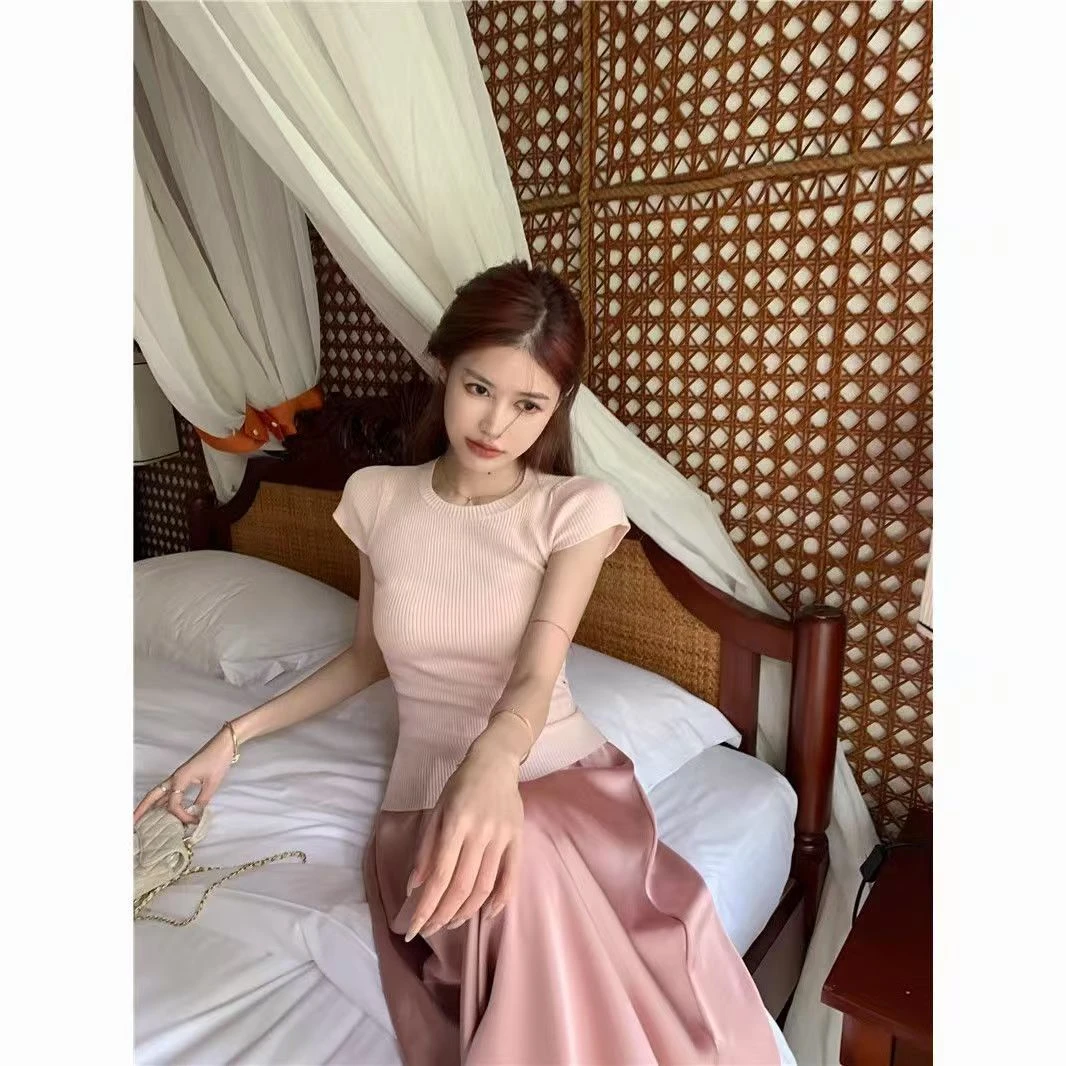 A124年夏季新款简约气质抽绳镂空正肩针织短袖T恤上衣打底衫女