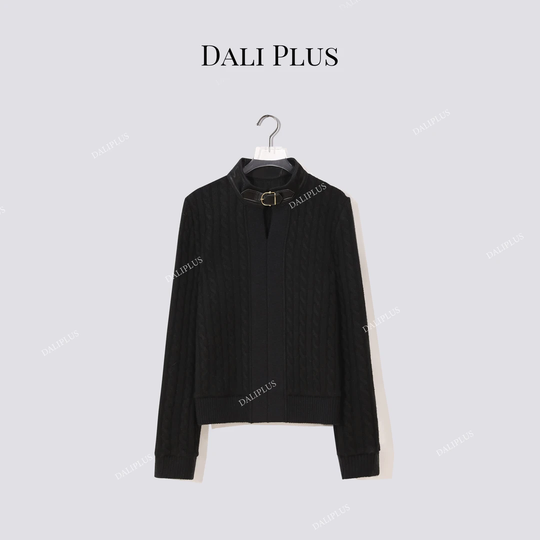 DALI PLUS“真皮领搅花毛衣”绵羊毛套头针织上衣-D5ST1538