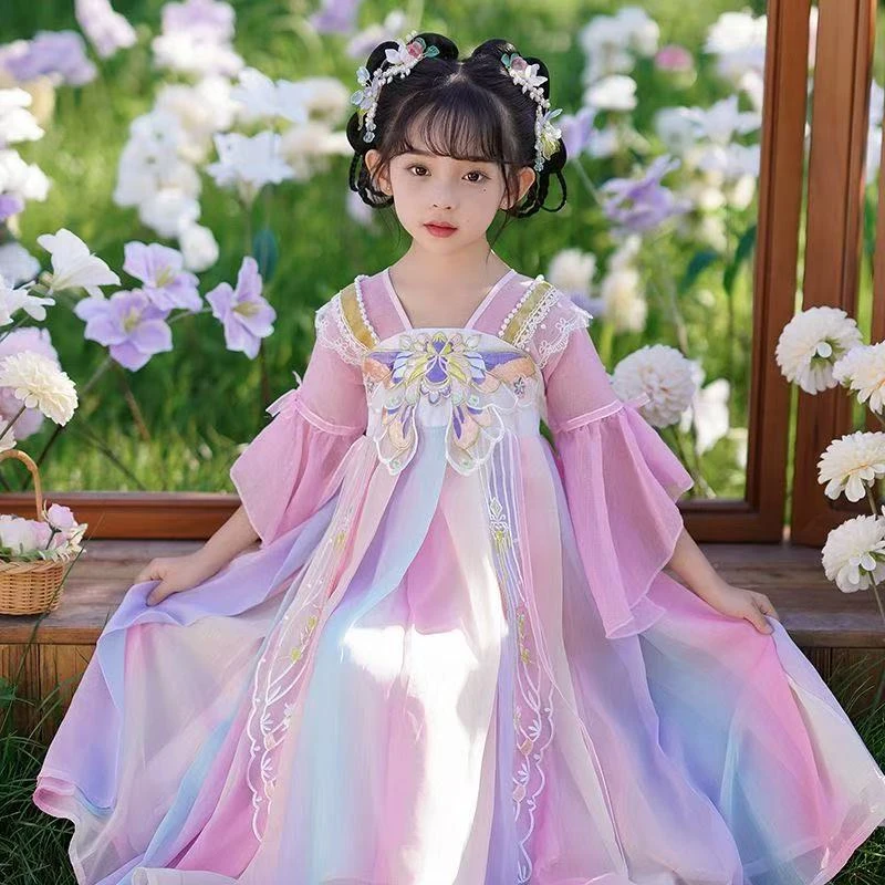 休闲风中国风女汉服古风刺绣童裙春秋女童薄款裙子仙气