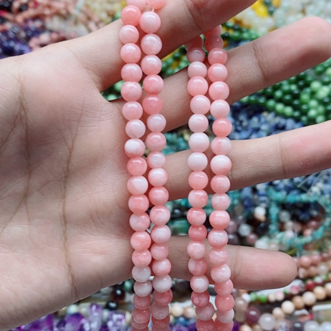 玛瑙/玉髓未镶嵌珠宝半成品一条天然6mm粉玉髓圆珠