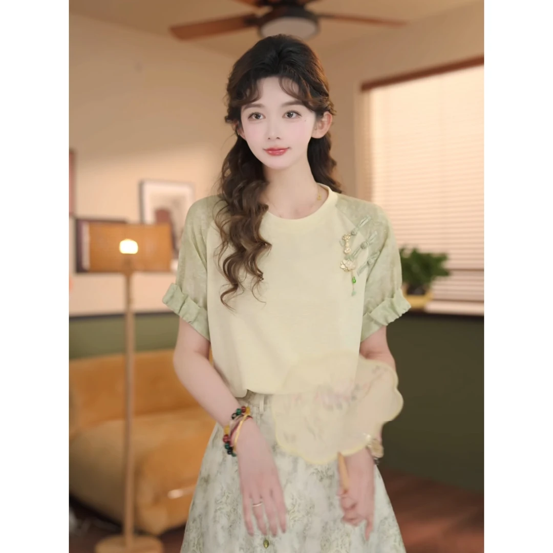 余紫绮【花糕】复古新中式拼接短袖T恤女夏季宽松上衣ZS1115073