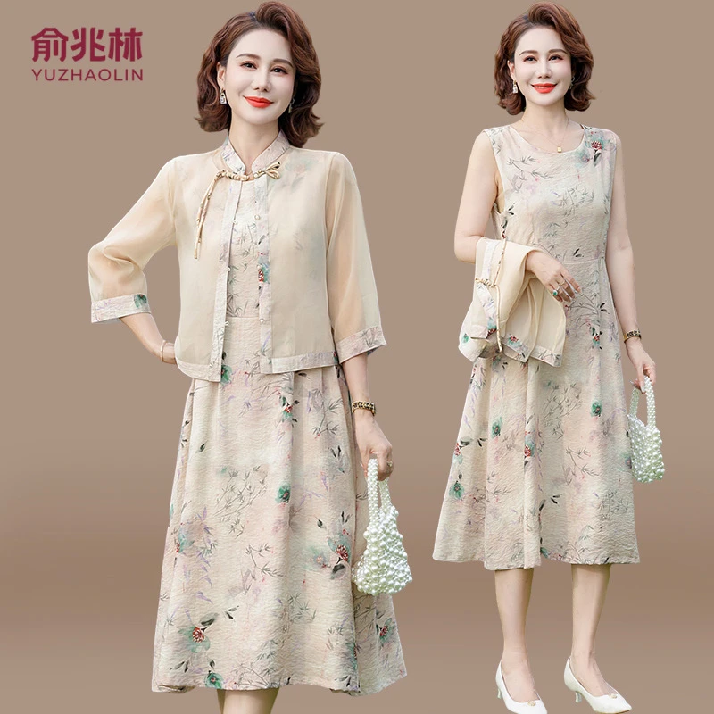 新中式妈妈春装连衣裙套装2025新款中老年女装春夏季雪纺小衫上衣