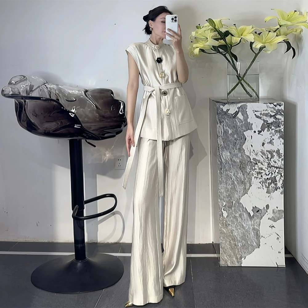 时尚套装2025夏季花扣包肩无袖系带收腰上衣直筒长裤纯色两件套