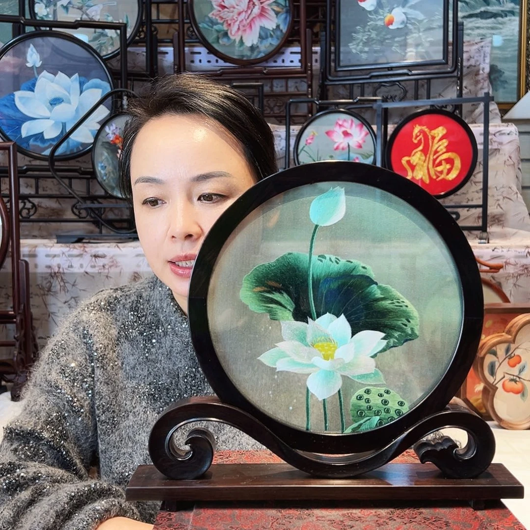 织绣苏绣摆台檀木手工双面