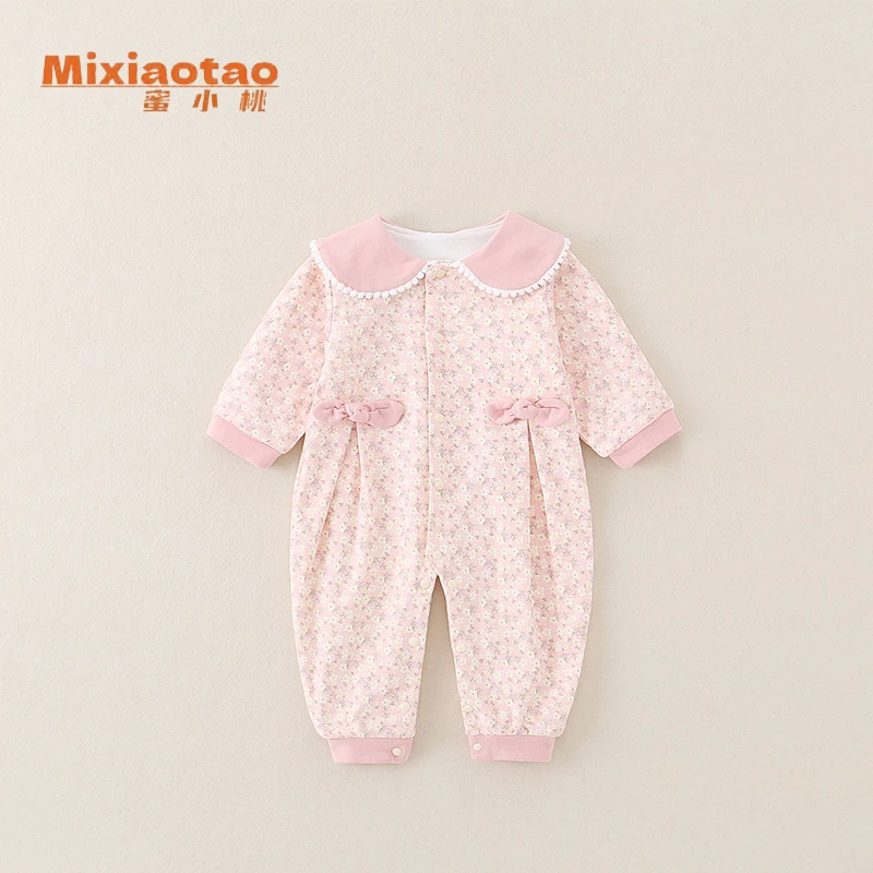 新现货秋款双层原定制经典娃娃领小花新生宝宝闭档连体衣哈衣