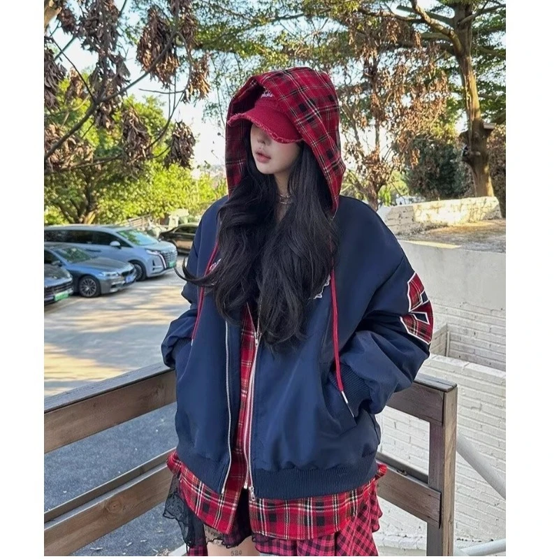 春季美式复古假两件连帽夹克刺绣款男女宽松上衣外套