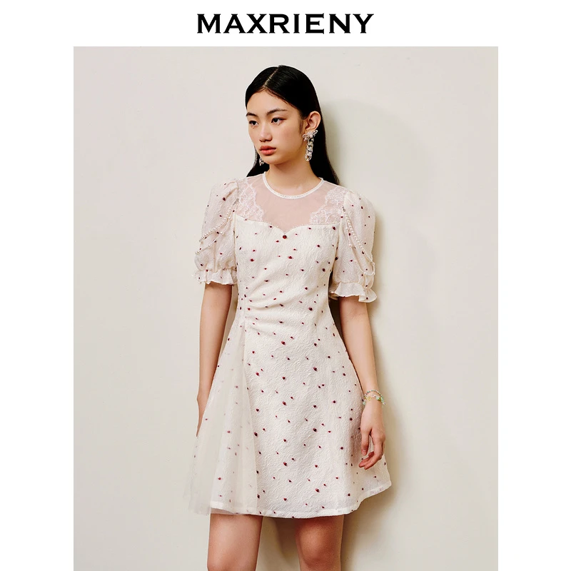 【诗语专属】MAXRIENY甜美复古感提花泡泡袖连衣裙夏款娃娃裙小白裙