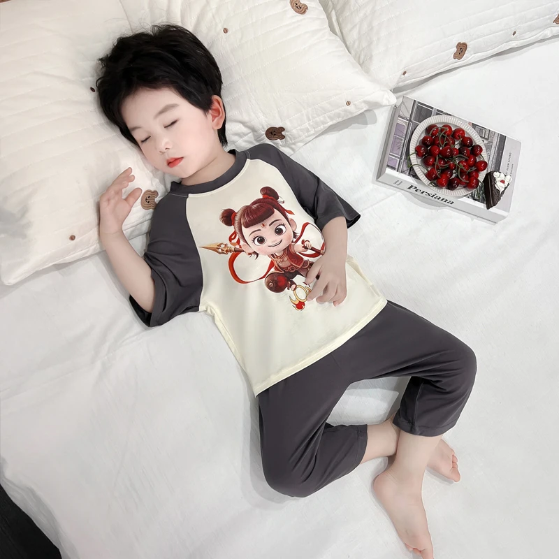 一二岁宝宝睡衣夏季薄款卡通哪吒短袖儿童莫代尔家居服小男孩夏装