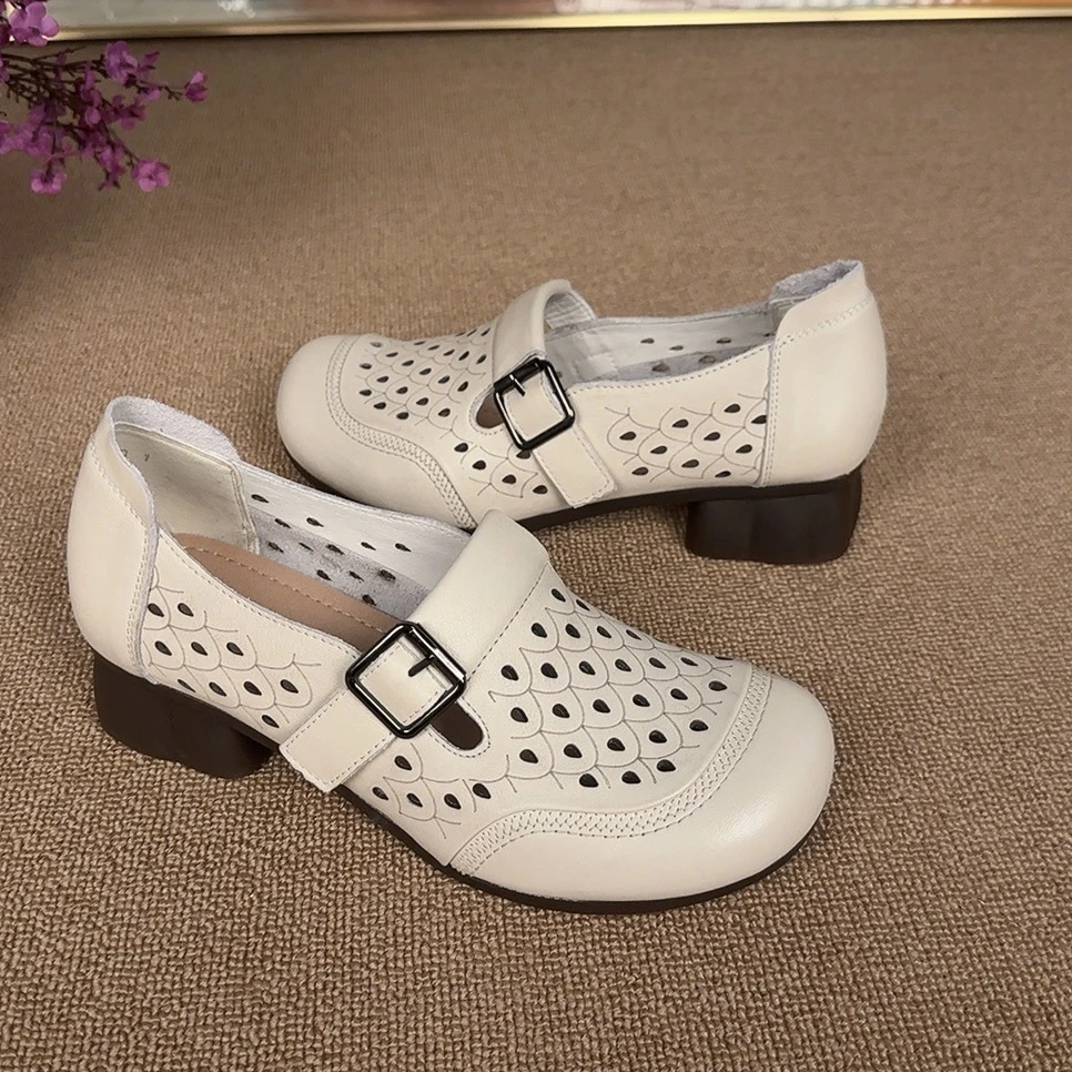 低跟单鞋镂空浅口柔软时尚女单鞋粗跟春夏皮鞋夏季软底女鞋