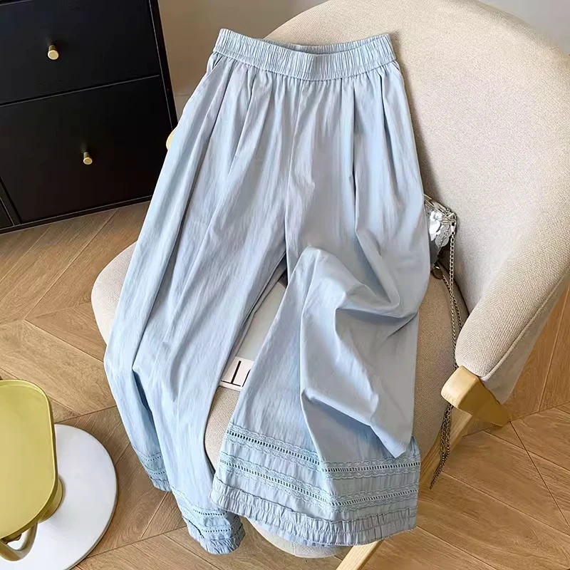 时尚木耳边蕾丝拼接九分休闲裤女夏季新款梨型身材高腰宽松直筒裤