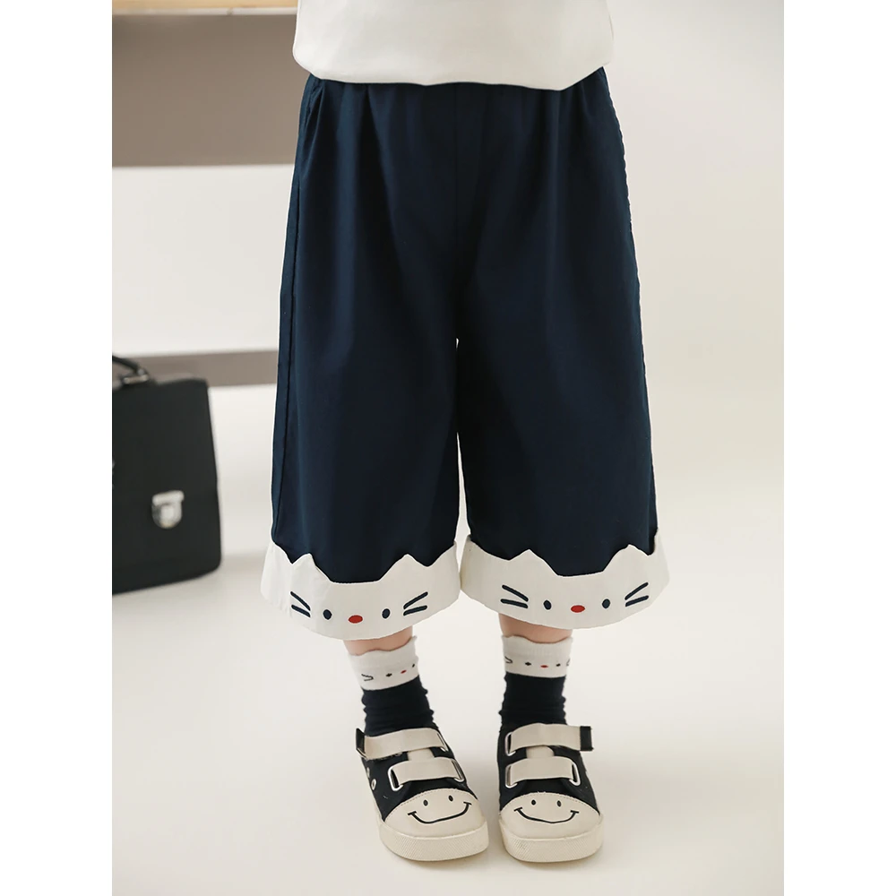幼悠女童夏季卡通七分裤女孩裤脚猫咪绣花裤子儿童森系服装X4933