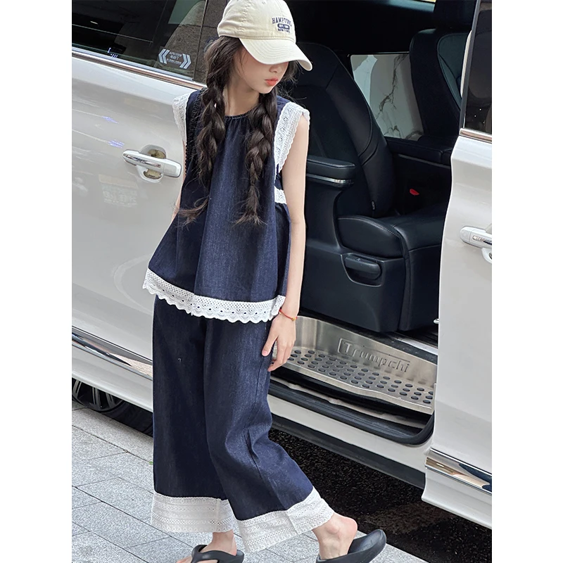 K28497田园风女童牛仔套装2025新款夏装儿童无袖背心两件套时髦潮