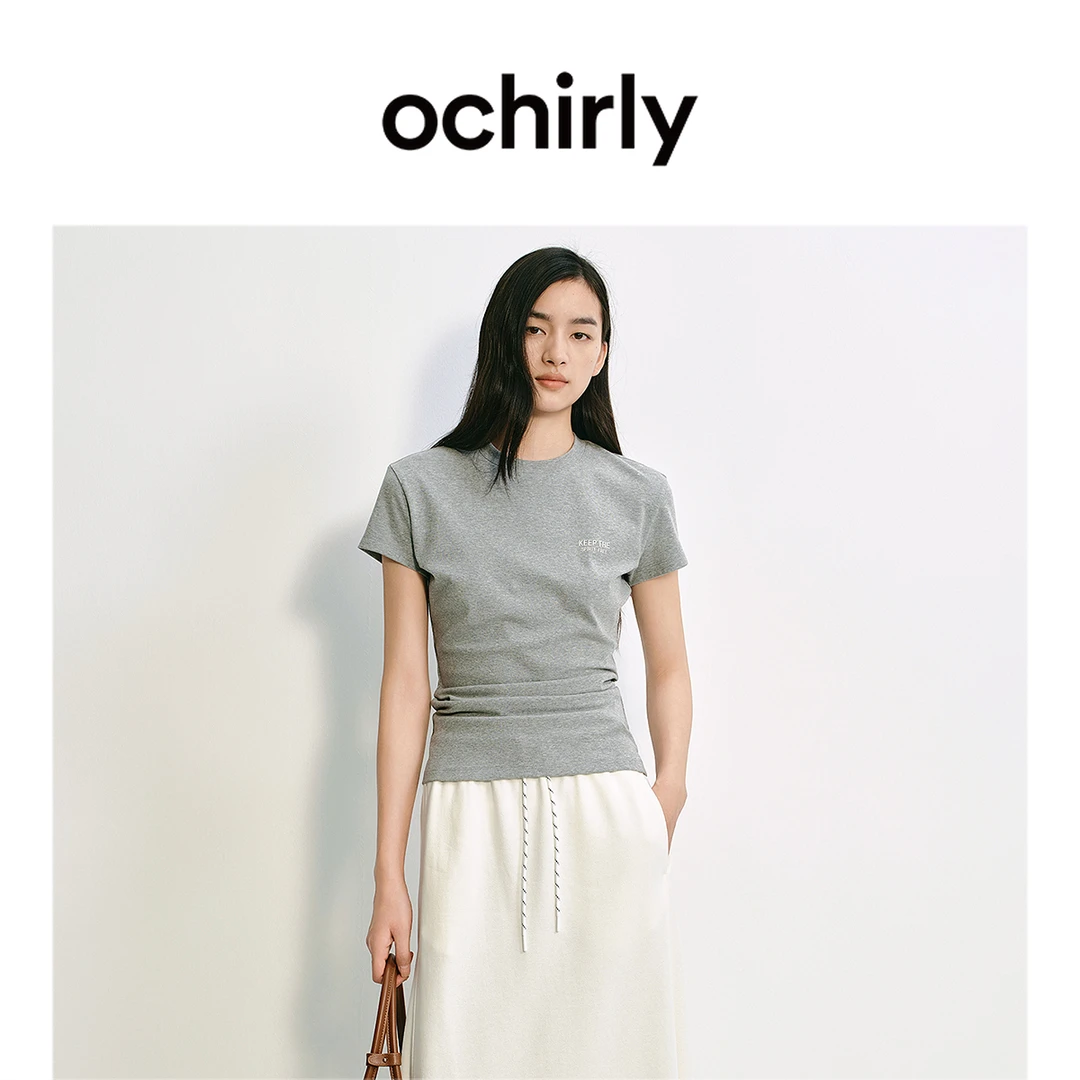 OCHIRLY欧时力 长绒棉短袖t恤女上衣印花修身显瘦2025夏季新款