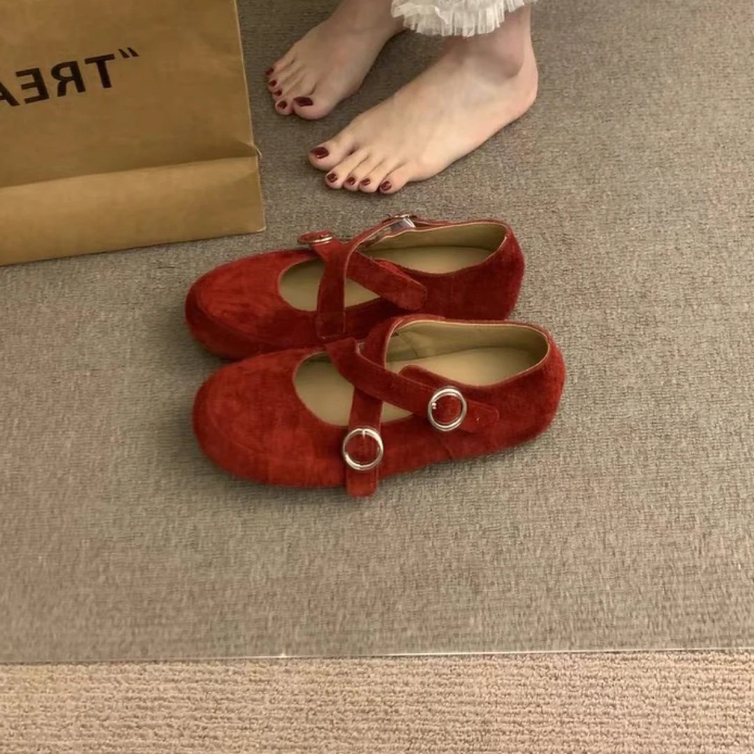 【刘噗噗】磨砂皮  交叉玛丽珍圆头红色小单鞋