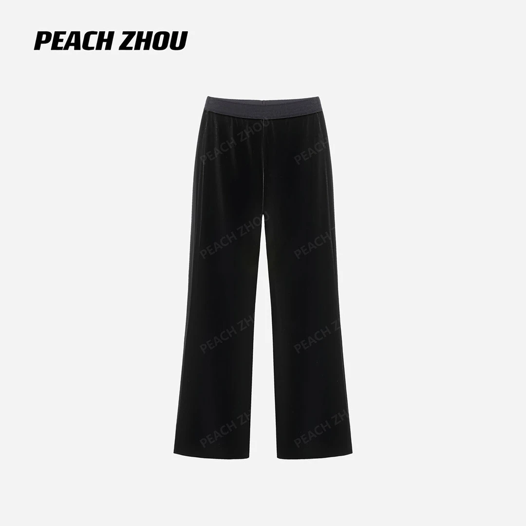 『PEACHZHOU』进口丝绒高级感微喇松紧腰休闲裤简约高级感九分裤