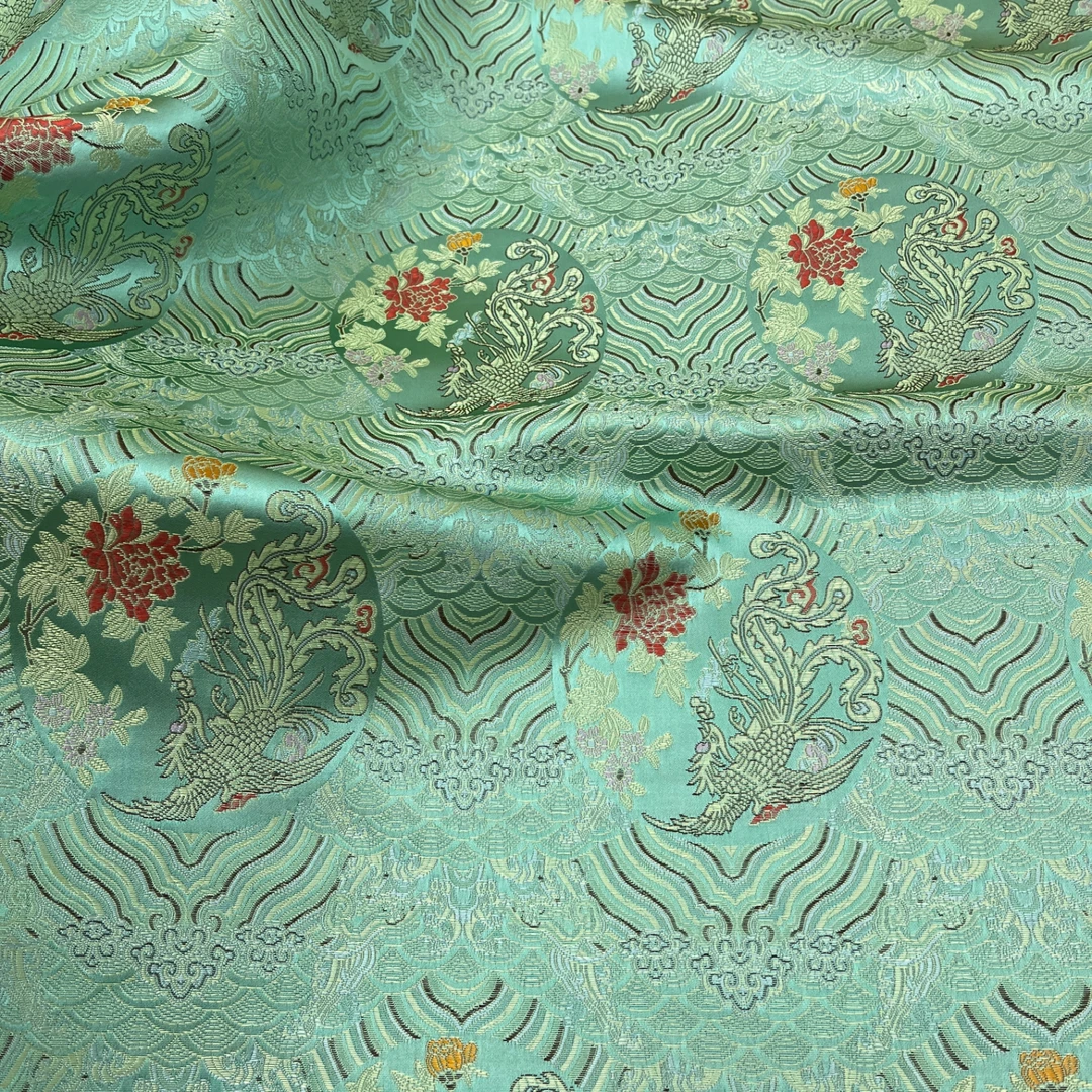 豆绿色凤穿牡丹 幅宽75公分 织锦缎提花国风民族风服装面料手工